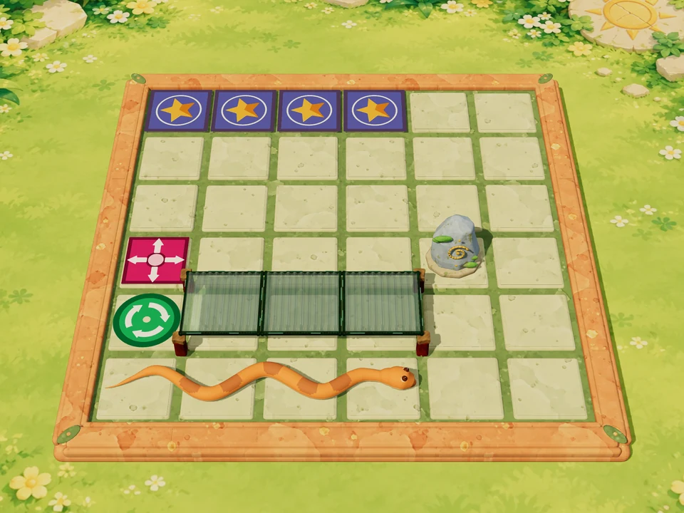 A little garden serpent and a narrow covered path leading to four golden goals.